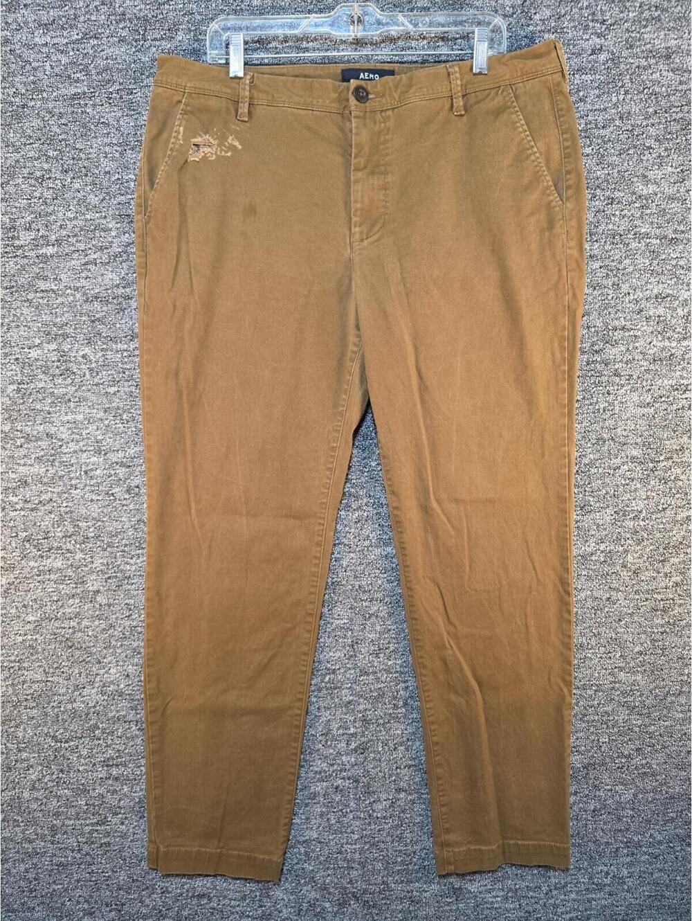 AERO Men's Skinny Chino Pants Brown Twill Stretch Flat Front Pockets 36W